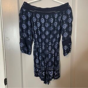 Hollister Romper Size XS Navy Blue Off Shoulder Boho Tassel Drawstring Waist
